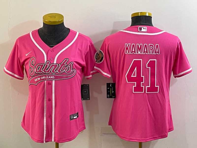 Womens New Orleans Saints #41 Alvin Kamara Pink With Patch Cool Base Stitched Baseball Jersey